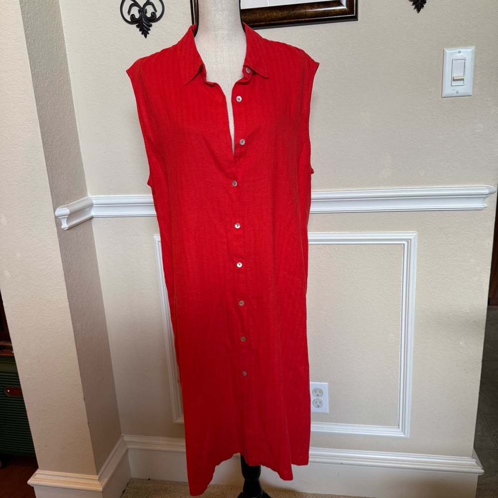 Marc New York Vibrant Red Linen Long Top Side slits  Large NWT!